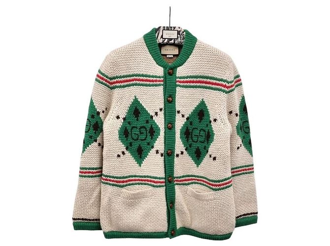Gucci Unbenutzter Elfenbein-Grün Alpaka-Jacquard-Cardigan Mehrfarben - Ansicht 4