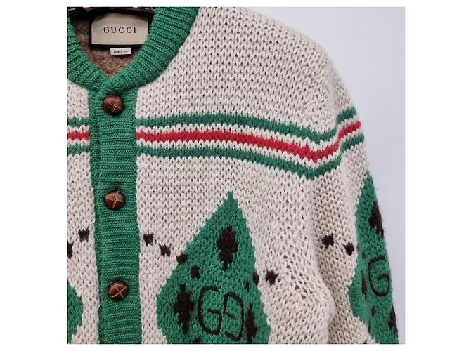 Gucci Unbenutzter Elfenbein-Grün Alpaka-Jacquard-Cardigan Mehrfarben - Ansicht 5