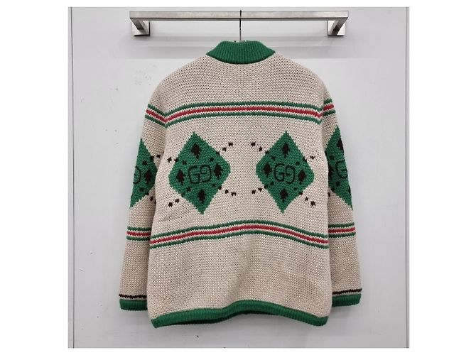Gucci Unbenutzter Elfenbein-Grün Alpaka-Jacquard-Cardigan Mehrfarben - Ansicht 7