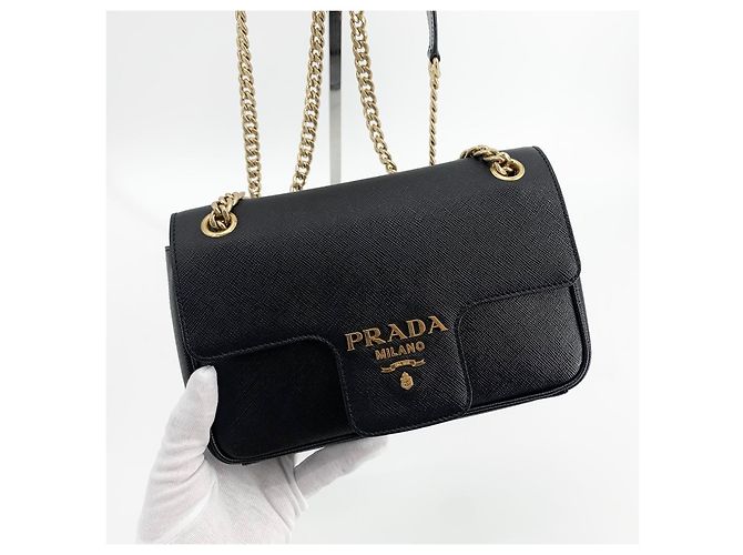 Prada Borsa a Spalla Saffiano Chain Flap Nero - vista 4