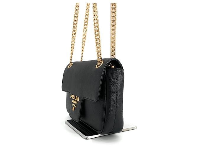 Prada Borsa a Spalla Saffiano Chain Flap Nero - vista 6