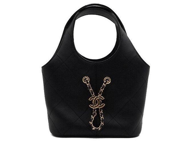 Chanel Piccola borsa tote in pelle di vitello nera con logo CC dorato Nero - vista 2