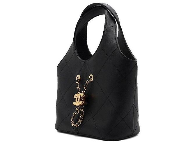 Chanel Piccola borsa tote in pelle di vitello nera con logo CC dorato Nero - vista 3