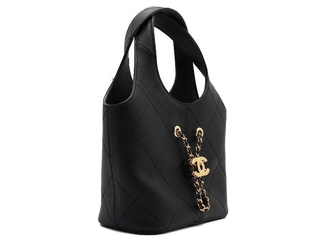 Chanel Piccola borsa tote in pelle di vitello nera con logo CC dorato Nero - vista 4