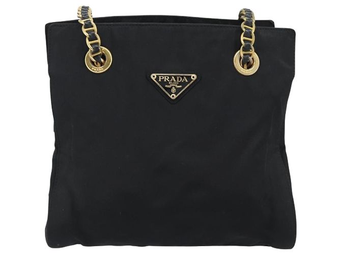 Borsa a Spalla con Catena PRADA Nylon Nero Oro Auth 190360A D'oro - vista 13