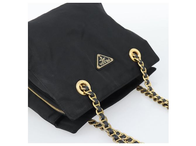 Borsa a Spalla con Catena PRADA Nylon Nero Oro Auth 190360A D'oro - vista 6