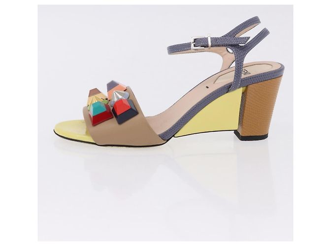 FENDI Ankle Strap Sandals Leather Multicolor Gold Auth 190357M Multiple colors Golden - view 23
