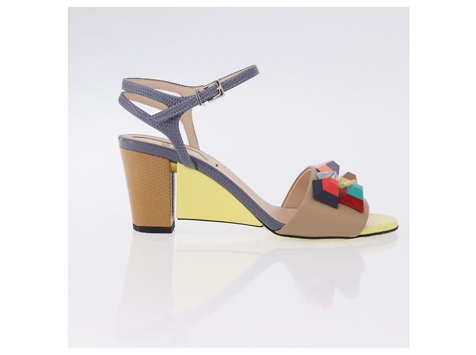 FENDI Ankle Strap Sandals Leather Multicolor Gold Auth 190357M Multiple colors Golden - view 4