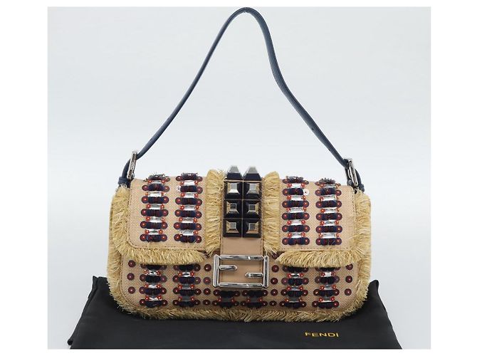FENDI Mamma Baguette Schultertasche aus Stroh Beige Silber Authentisch 189247SM - Ansicht 12