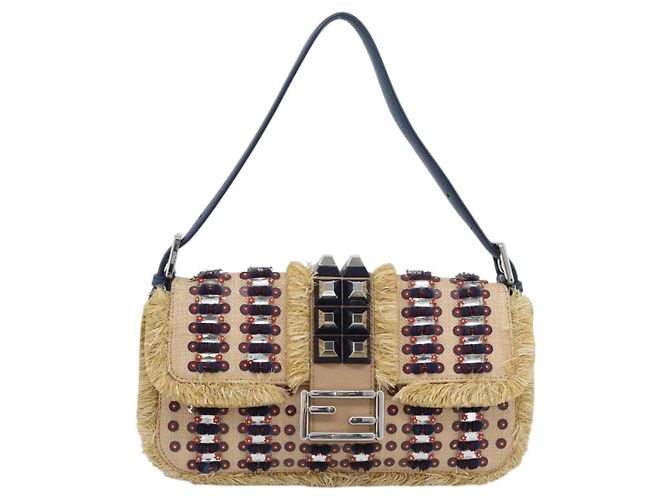 FENDI Mamma Baguette Schultertasche aus Stroh Beige Silber Authentisch 189247SM - Ansicht 13