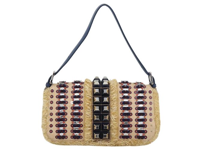 FENDI Mamma Baguette Schultertasche aus Stroh Beige Silber Authentisch 189247SM - Ansicht 2