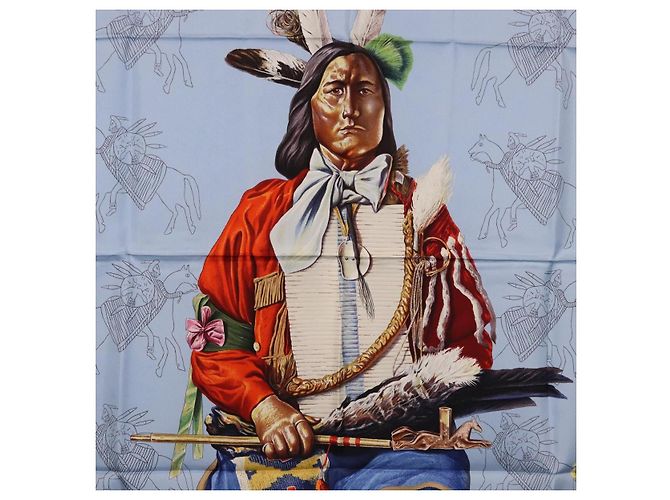 Hermès HERMES Carré 90 Foulard PANI LA SHAR PAWNEE Seta Blu Auth am12110M - vista 6