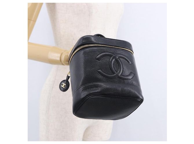 CHANEL COCO Mark Vanity Pouch per trucchi Caviar Skin Black Gold CC Auth ka5432 Nero - vista 22