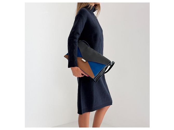 Céline Borsa Medium Diamond Tricolour in pelle e scamosciato Marrone Nero Blu - Ansicht 2