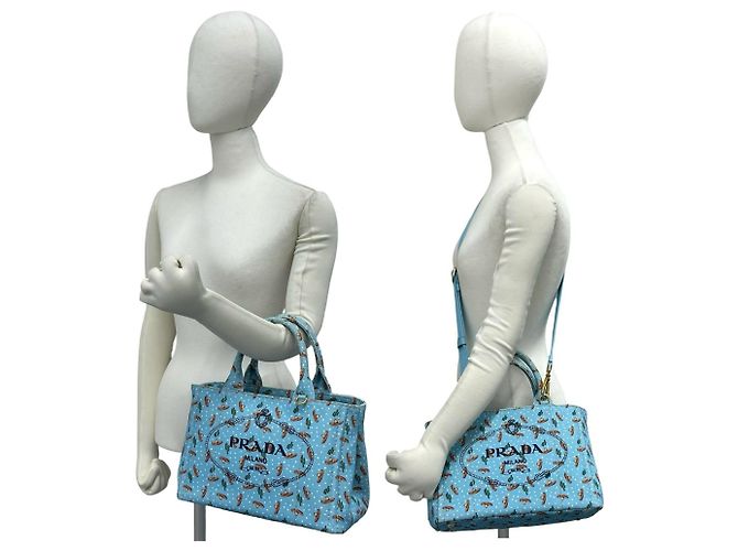 Tote Prada Canapa Canvas Tasche mit Dreieck Logo-Plakette Blau - Ansicht 2