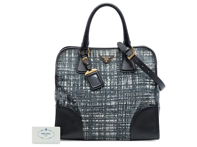 Borsa Tote Lux in Tweed con bordi in Saffiano nero Prada - vista 7