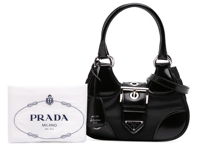 Borsa Prada Black Re Nylon e pelle di vitello lucida Re Edition 2002 Moon Nero - vista 7