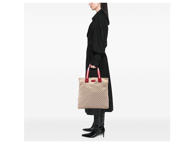 Tote vertical Gucci en lona GG beige con banda Web - vista 6