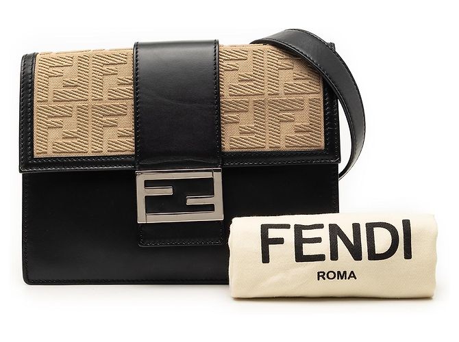 Bolso bandolera Fendi Black Calfskin and Canvas FF 1974 Flat Baguette Negro - vista 8