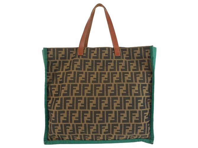 FENDI Zucca Brown Green Canvas Leather Tote Bag Handbag Marrone Verde - vista 2