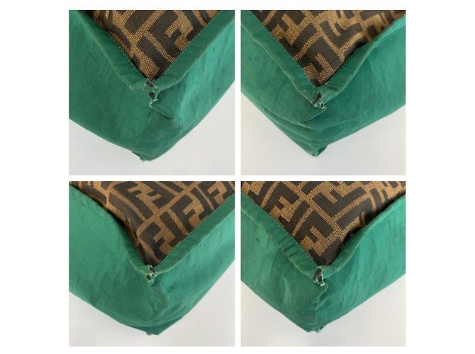 FENDI Zucca Brown Green Canvas Leather Tote Bag Handbag Marrone Verde - vista 4