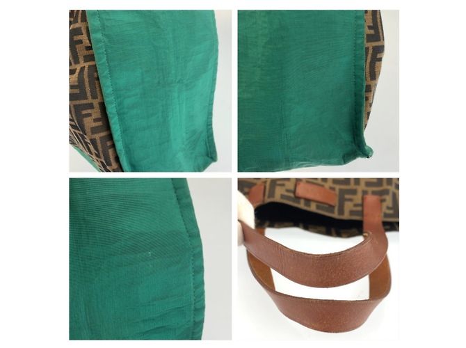 FENDI Zucca Brown Green Canvas Leather Tote Bag Handbag Marrone Verde - vista 5
