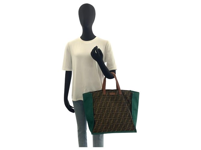 FENDI Zucca Brown Green Canvas Leather Tote Bag Handbag Marrone Verde - vista 6