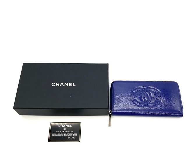 Chanel Coco Mark Rund Reißverschluss Leder Langgeldbörse Blau - Ansicht 10