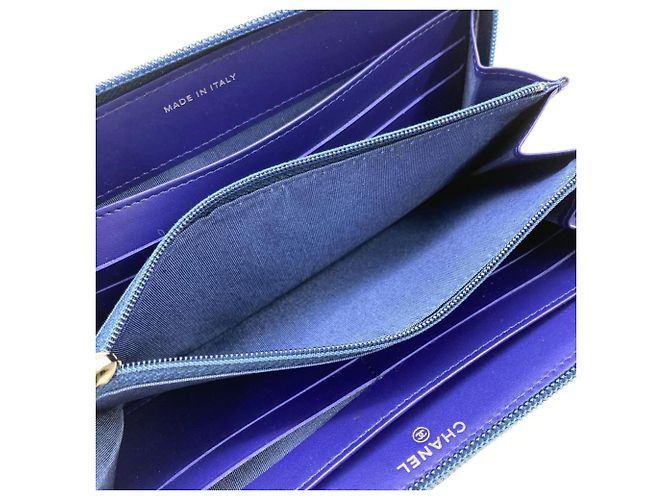 Chanel Coco Mark Rund Reißverschluss Leder Langgeldbörse Blau - Ansicht 8
