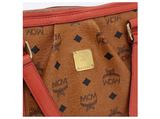 Bolsa Tote MCM Vicetos em PVC e couro marrom com detalhes dourados 2way Auth ki6729A - vista 12
