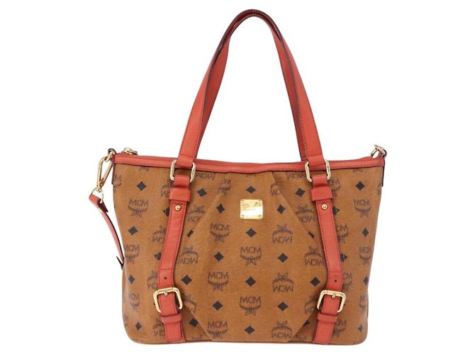 Bolsa Tote MCM Vicetos em PVC e couro marrom com detalhes dourados 2way Auth ki6729A - vista 13