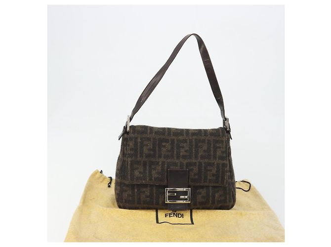 FENDI Zucca Canvas Mamma Baguette Bolsa de Ombro Lã Marrom Ouro Auth 192244V Dourado - vista 12