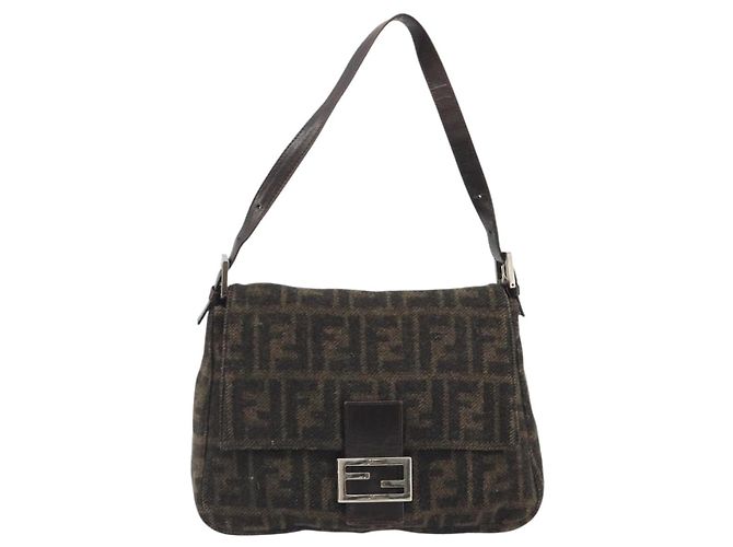 FENDI Zucca Canvas Mamma Baguette Bolsa de Ombro Lã Marrom Ouro Auth 192244V Dourado - vista 13