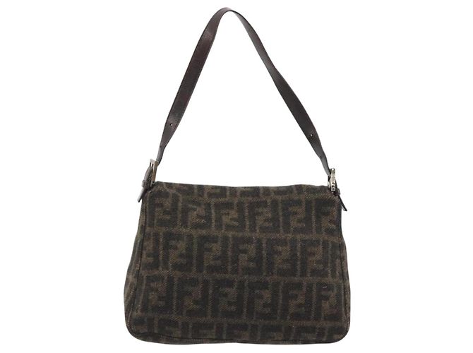 FENDI Zucca Canvas Mamma Baguette Bolsa de Ombro Lã Marrom Ouro Auth 192244V Dourado - vista 2