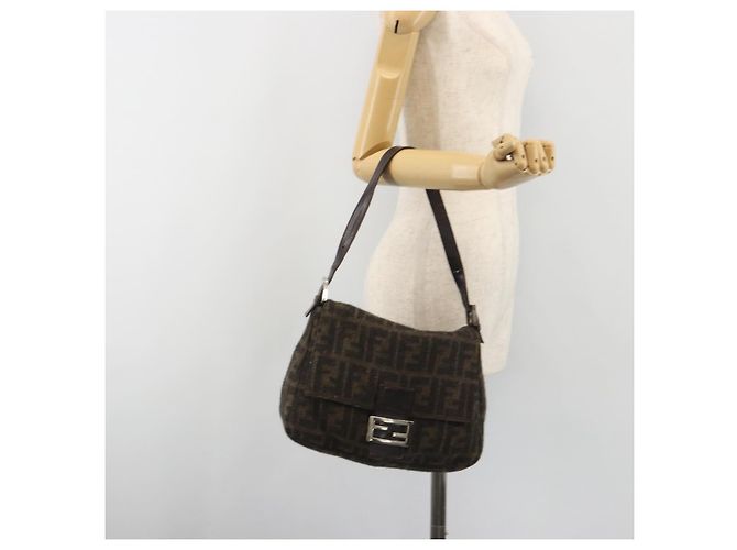 FENDI Zucca Canvas Mamma Baguette Bolsa de Ombro Lã Marrom Ouro Auth 192244V Dourado - vista 26