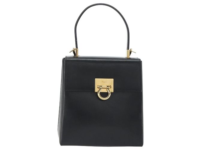 Sac à main Salvatore Ferragamo Gancini en cuir 2way Noir Or Auth 192668 Doré - vue 13