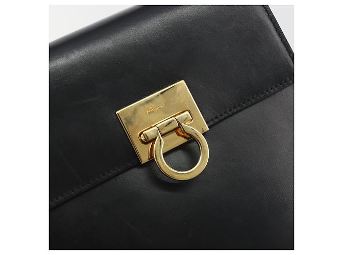 Sac à main Salvatore Ferragamo Gancini en cuir 2way Noir Or Auth 192668 Doré - vue 19