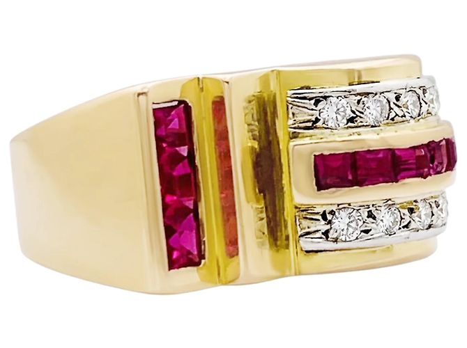 Autre Marque Anello "Tank" in oro giallo, rubini sintetici e diamanti. - vista 2