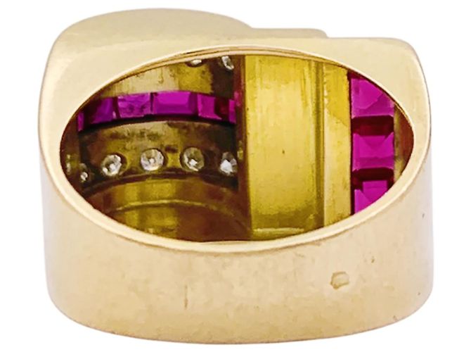 Autre Marque Anello "Tank" in oro giallo, rubini sintetici e diamanti. - vista 4