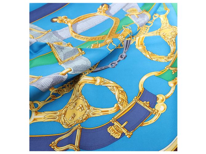 Foulard in seta Hermès 140 "Eperon d'Or" Blu x Marrone - vista 11