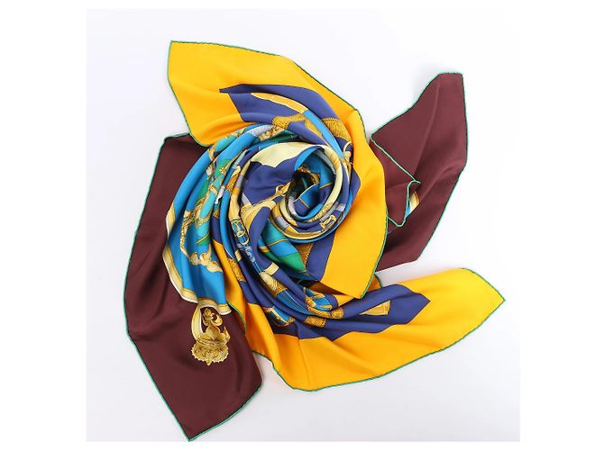 Foulard in seta Hermès 140 "Eperon d'Or" Blu x Marrone - vista 13