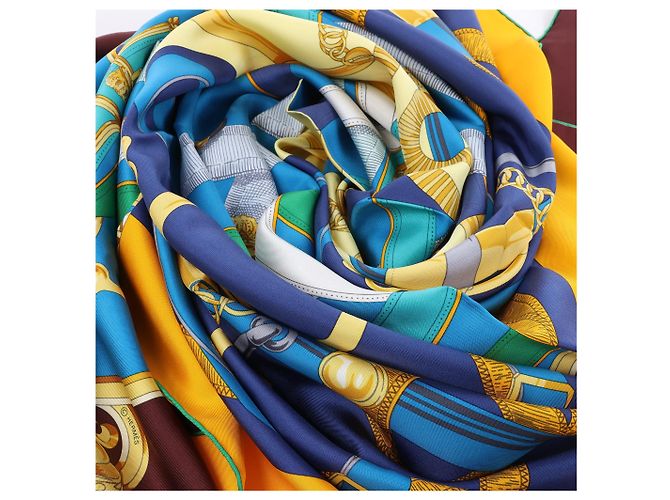 Foulard in seta Hermès 140 "Eperon d'Or" Blu x Marrone - vista 14