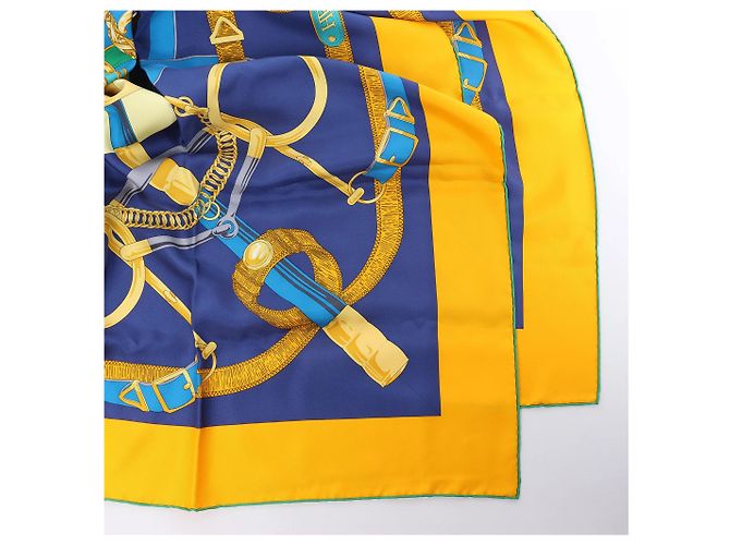 Foulard in seta Hermès 140 "Eperon d'Or" Blu x Marrone - vista 3