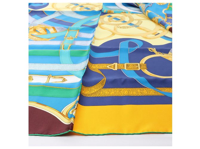 Foulard in seta Hermès 140 "Eperon d'Or" Blu x Marrone - vista 4