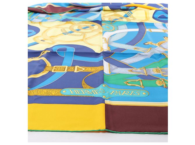 Foulard in seta Hermès 140 "Eperon d'Or" Blu x Marrone - vista 5