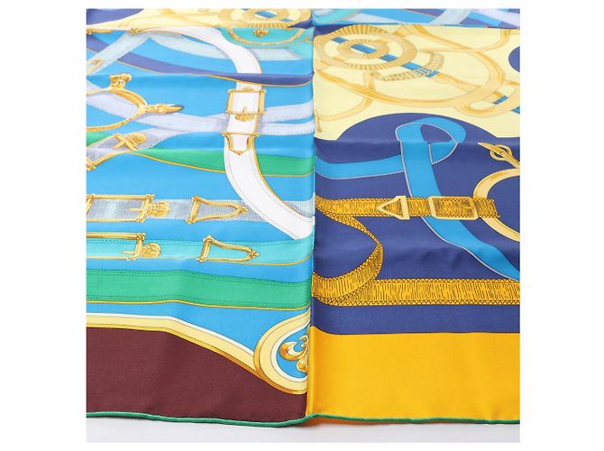 Foulard in seta Hermès 140 "Eperon d'Or" Blu x Marrone - vista 6
