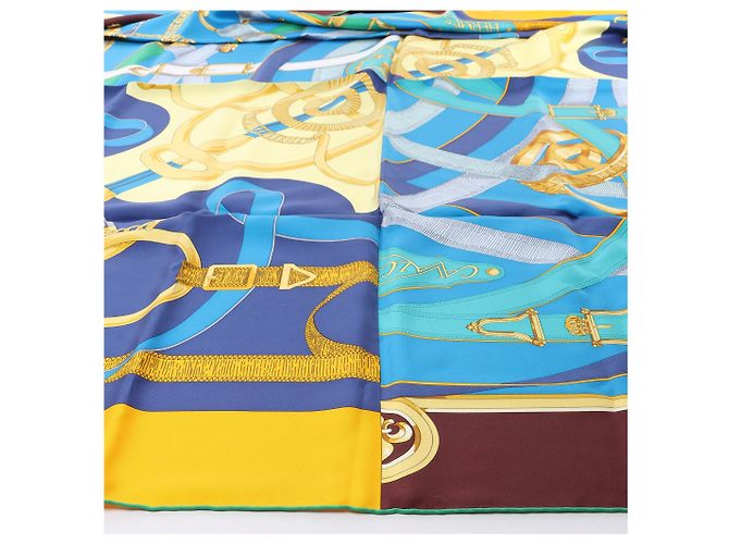 Foulard in seta Hermès 140 "Eperon d'Or" Blu x Marrone - vista 7