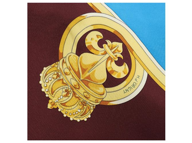 Foulard in seta Hermès 140 "Eperon d'Or" Blu x Marrone - vista 9