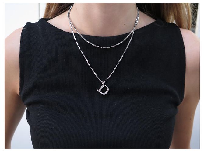 NUOVO COLLANA DIOR DOUBLE CHAIN LOGO D STRASS ARGENTATA Argento - vista 8