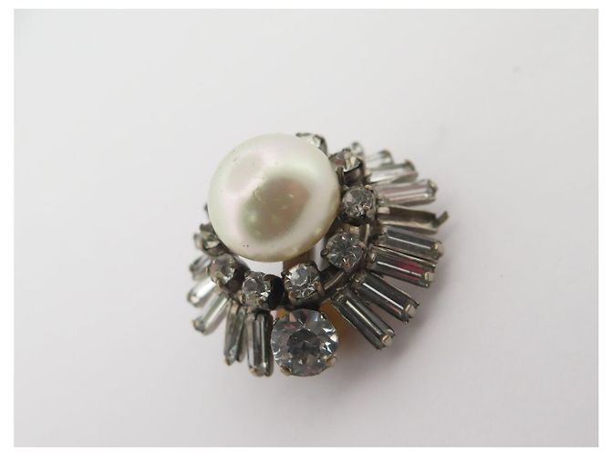 ORECCHINI VINTAGE CHANEL CLIP-ON PERLE E STRASS 1970'S BAGUETTE EARRINGS Argento - vista 10